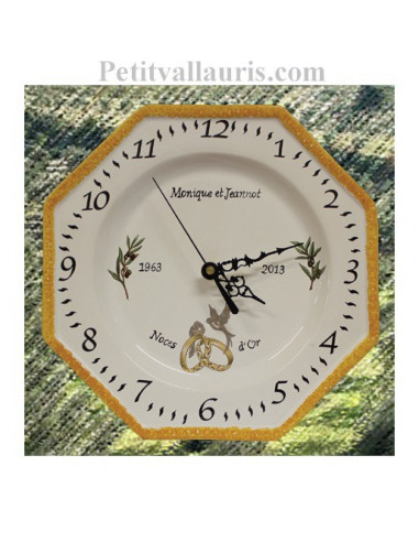 Horloge murale modèle octogonale personnalisée pour anniversaire de mariage décor brins d'olivier