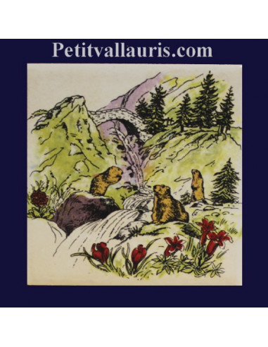 Carreau décor Marmottes et cascade en montagne 10 x 10 cm