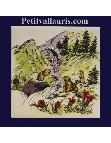 Carreau décor Marmottes et cascade en montagne 10 x 10 cm