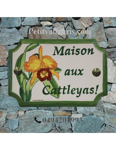 Plaque de Maison rectangle décor et texte personnalisés Orchidée-Cattleyas inscription et bord verts