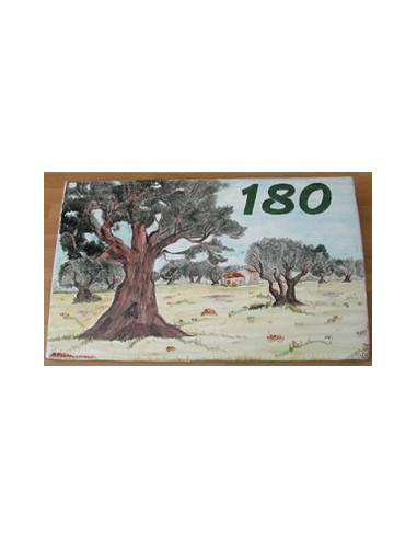 Plaque de Villa rectangle décor personnalisé paysage champs oliviers inscription personnalisée verte