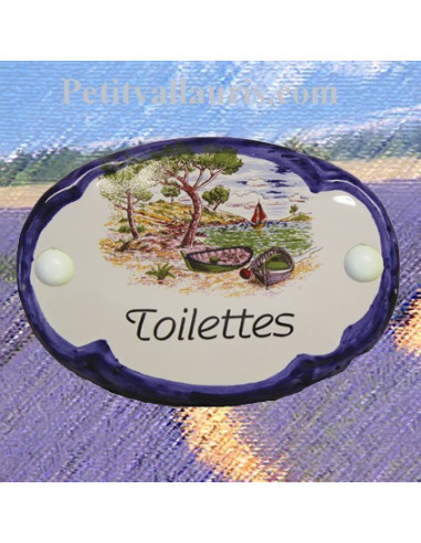 Plaque de porte ovale inscription toilettes motif calanque bord bleu