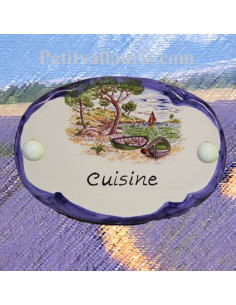 Plaque de porte ovale inscription cuisine motif calanque bord bleu