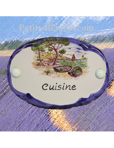 Plaque de porte ovale inscription cuisine motif calanque bord bleu