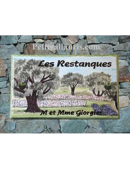 Plaque de Villa rectangle décor personnalisé paysage oliviers et restanques inscription personnalisée verte