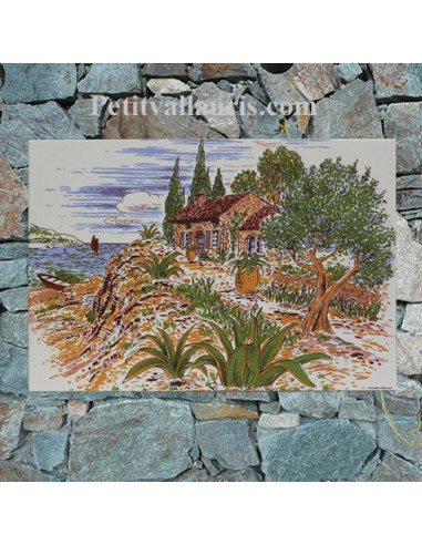 Petite Fresque céramique décor calanque,cabanon et olivier
