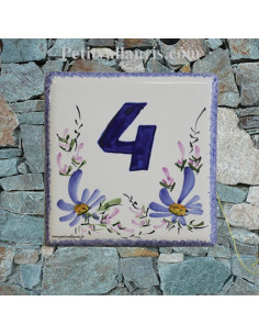 Numéro de rue ou de maison décor fleurs bleues pose horizontale