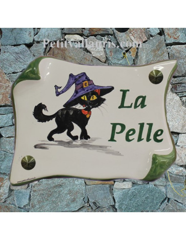 Plaque de Maison parchemin décor personnalisé sorcière transformée en chat