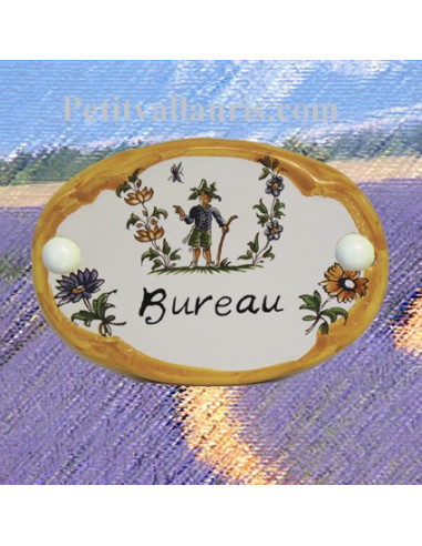 Plaque ovale inscription Bureau décor tradition vieux moustiers polychrome bord jaune-orangé