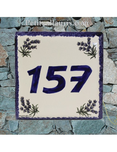 Numéro de Maison pose horizontale décor brins de lavandes chiffre bleu