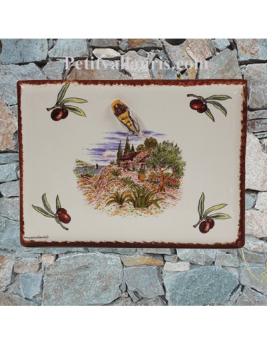 plaque de maison céramique décor bastide provençale et brins d'olives rouge cigale en relief