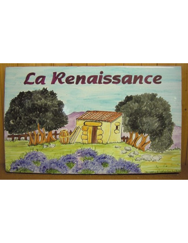 Plaque de Villa rectangle décor personnalisé cabanon,oliviers et lavandes inscription personnalisée prune