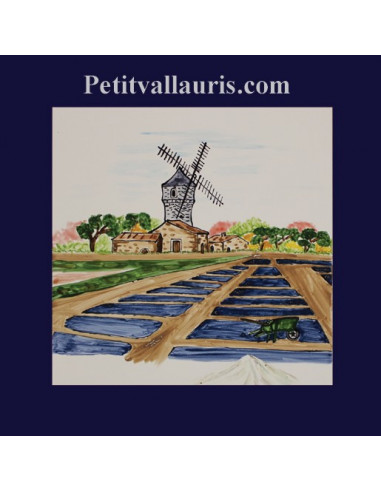 Carrelage décor marais salants et moulin sur 20 x 20 cm