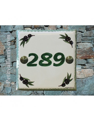 Numéro de Maison pose horizontale décor brins d'olive chiffre et texte vert