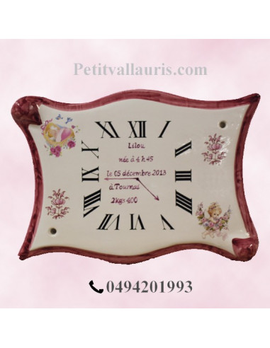 Horloge - Parchemin souvenir de naissance Fille décor rose
