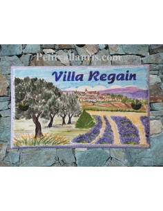 Plaque de Villa rectangle décor personnalisé paysage village,oliviers et champs lavandes inscription personnalisée verte