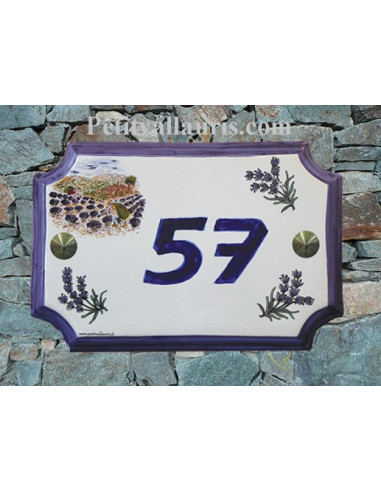 Plaque de Maison rectangle décor récolte des lavandes et brins de lavande inscription personnalisée bleue