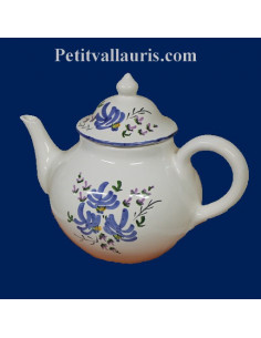 Théière blanche (4 tasses) en céramique décor artisanal fleurs bleues