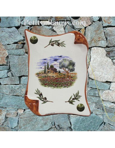 Plaque décorative parchemin pose verticale décor cabanon et olivier bord ocre