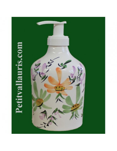 Distributeur de savon liquide décor Fleurs vertes et orangées
