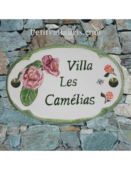 Plaque pour nom de maison ovale en céramique décor fleurs camélias