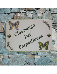 Grande plaque de villa en faience motif artisanal les Papillons et brins d'olives avec inscription personnalisée