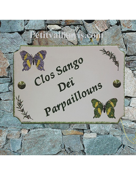 Grande plaque de villa en faience motif artisanal les Papillons et brins d'olives avec inscription personnalisée