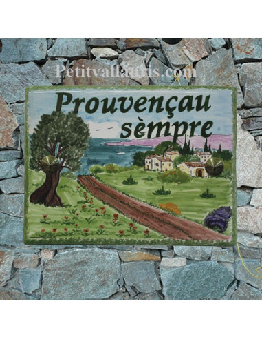 plaque de maison céramique personnalisée décor paysage provençal inscription couleur verte