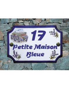 Plaque de Maison rectangle décor récolte des lavandes et brins de lavande inscription personnalisée bleue