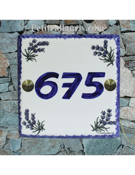 Numéro de Maison pose horizontale décor brins de lavandes chiffre bleu