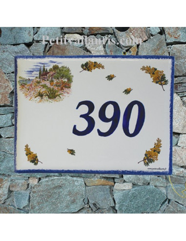 plaque de maison céramique décor bastide provençale et brins de mimosas inscription bleue