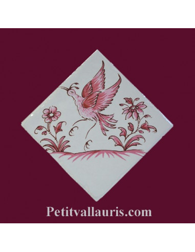 Motif sur carreau décor oiseau (1980) Tradition Vieux Moustiers rose pose diagonale