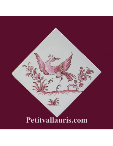 Motif sur carreau décor oiseau (1974) Tradition Vieux Moustiers rose pose diagonale