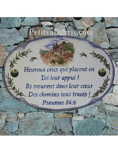 Plaque pour maison ovale en céramique décor cabanon et Oliviers bord et inscription bleue