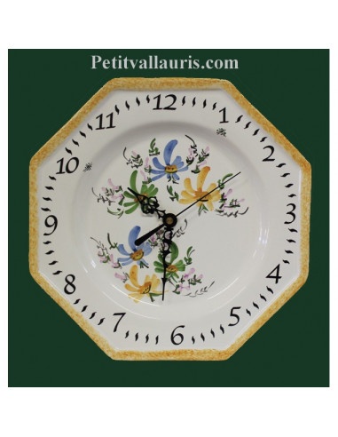 Horloge octogonale en faïence décor Fleurs bleues,jaunes et vertes
