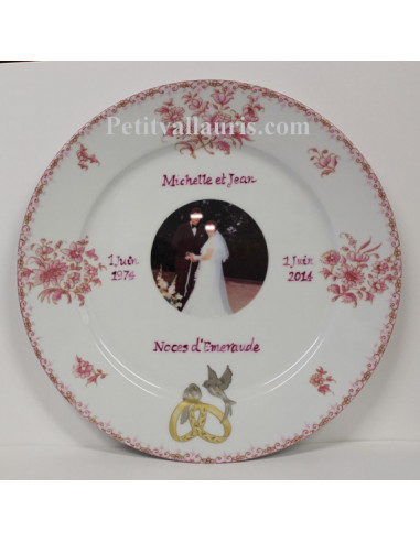 Assiette anniversaire de Mariage en porcelaine avec photo décor tradition vieux moustiers rose