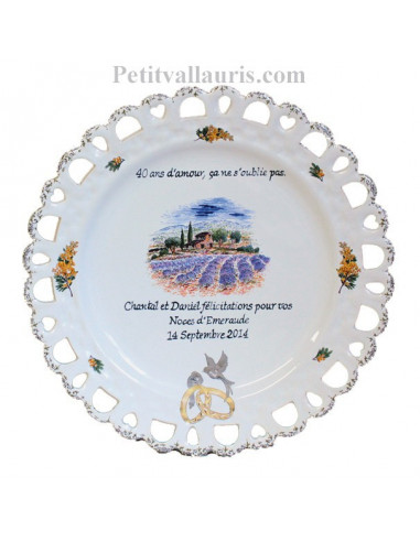 Assiette de Mariage modèle Tournesol décor champs de lavandes inscription avec citation noces d'emeraude