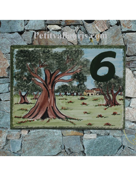 plaque pour maison céramique personnalisée décor champs d'oliviers inscription couleur verte