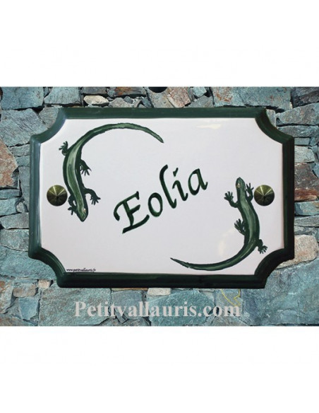 Plaque de Maison rectangle décor et texte personnalisés salamandres-lézard inscription et bord verts