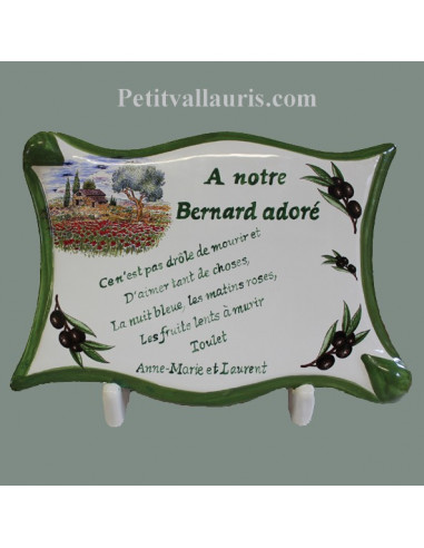 Plaque funéraire personnalisée en céramique décor motif paysage campagne provençale et olives noires