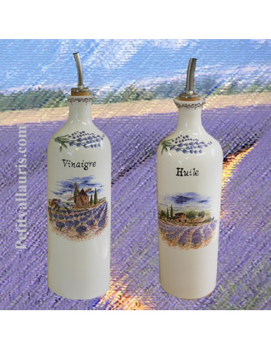 bouteille en faïence pour l'huile d'olive décor paysage champs de lavandes
