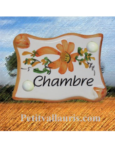 Plaque de porte parchemin fleurs et bord orange inscription Chambre
