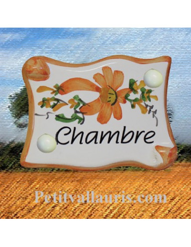 Plaque de porte modèle parchemin décor tradition fleurs et bord orange  inscription Chambre