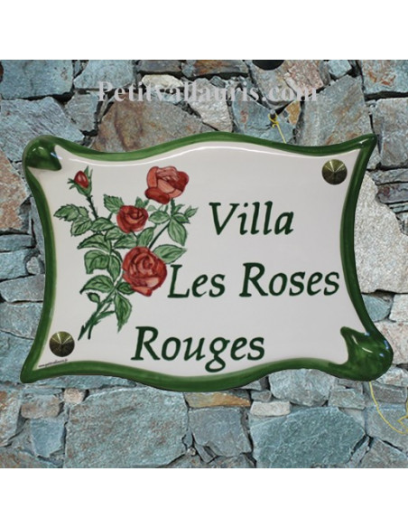 Plaque pour maison parchemin en céramique décor roses rouges