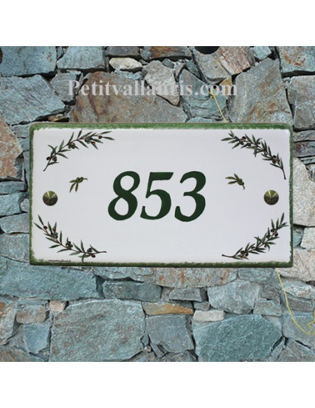 Plaque de Maison rectangle décor brins d'olivier aux angles inscription personnalisée bord verte