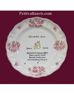 Assiette souvenir 30 ans de mariage Louis XV décor rose Poème Noces de perle