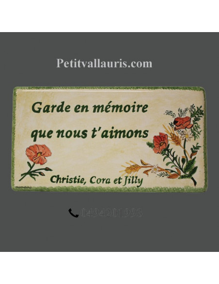 Plaque funéraire en céramique décor coquelicots et brin de blé inscription personnalisée