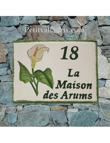 plaque pour maison céramique personnalisée décor fleurs arums inscription couleur verte
