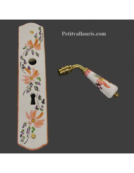 Plaque de propreté avec poignée en porcelaine blanche modèle avec orifice clé motif artisanal fleurs beige-saumon