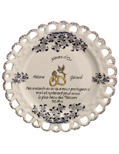 Assiette de Mariage modèle Tournesol décor bleu poème personnalisé noces d'or
